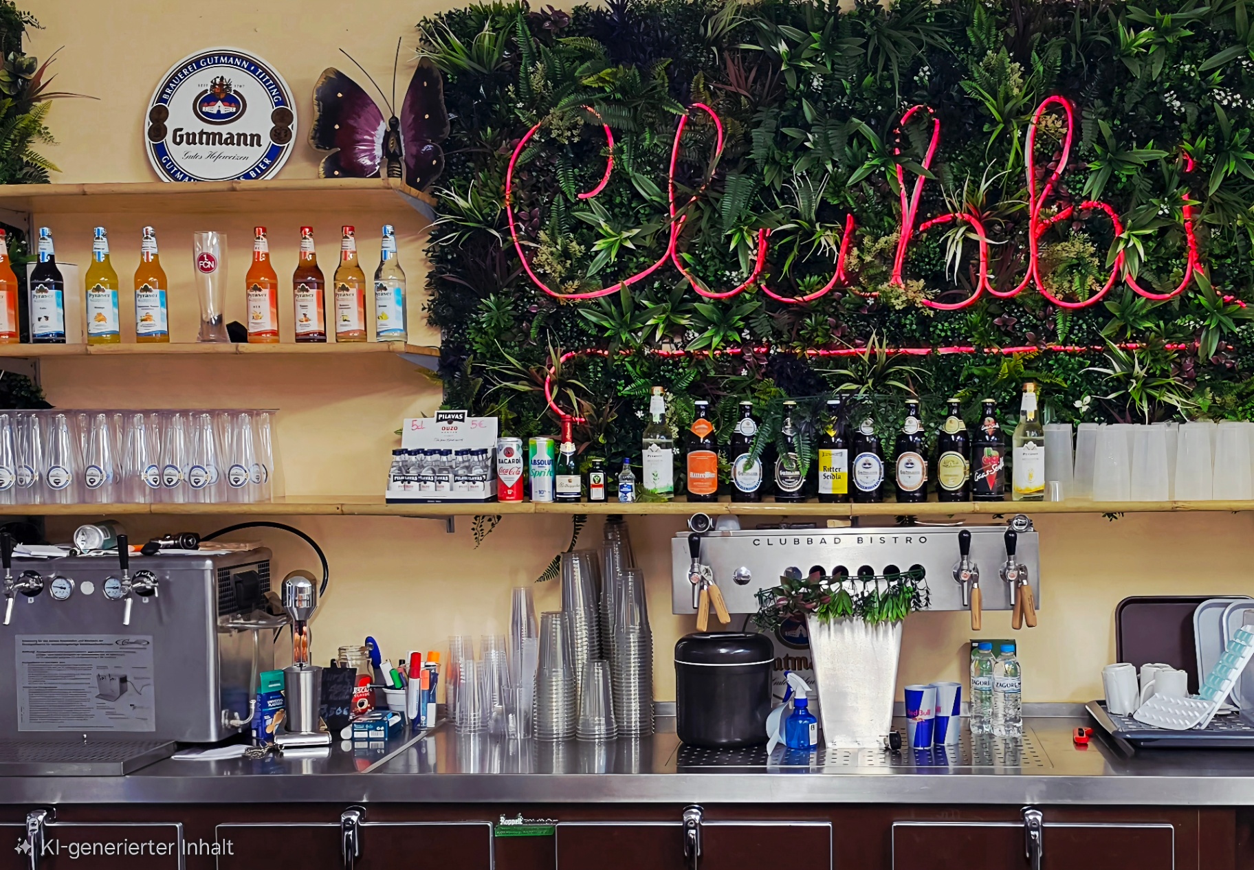 Weitwinkelblick auf die Clubbi-Theke mit Neon-Schriftzug, Pflanzenwand und Äpfeln vom Bauernhof