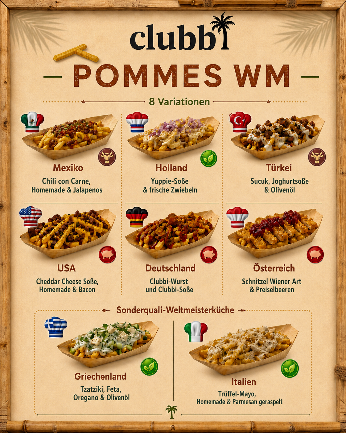 Clubbi Pommes-WM Plakat mit acht Länder-Varianten