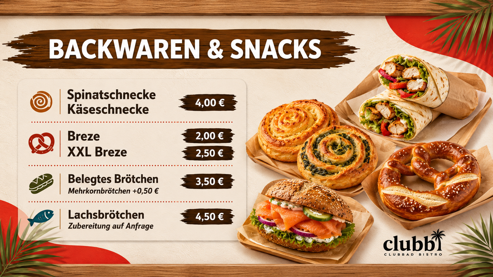 Backwaren und Snacks am Clubbi